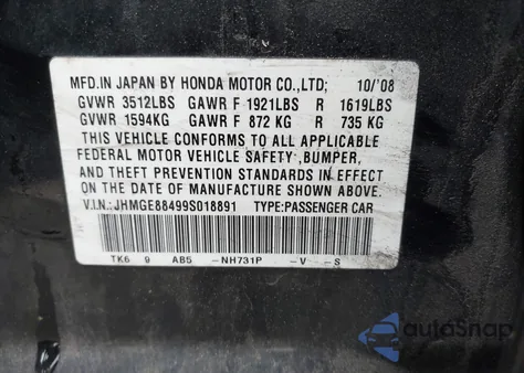 2009 Honda Fit Sport from USA, damaged, VIN JHMGE88499S018891